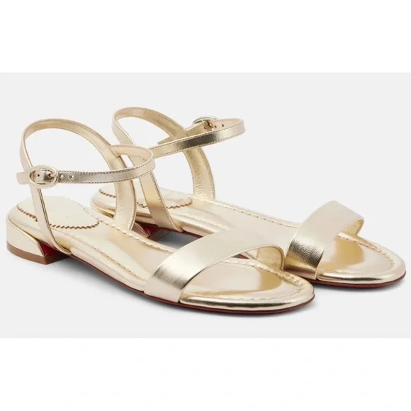 Christian Louboutin Sweet Jane Sandal Flat Platine Gold Leather Ankle Strap 40.5